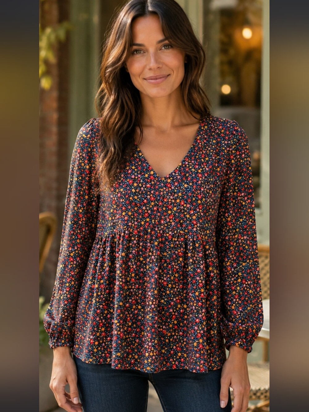 Good Luck Gem Floral Babydoll Peplum Blouse Long Sleeve Size